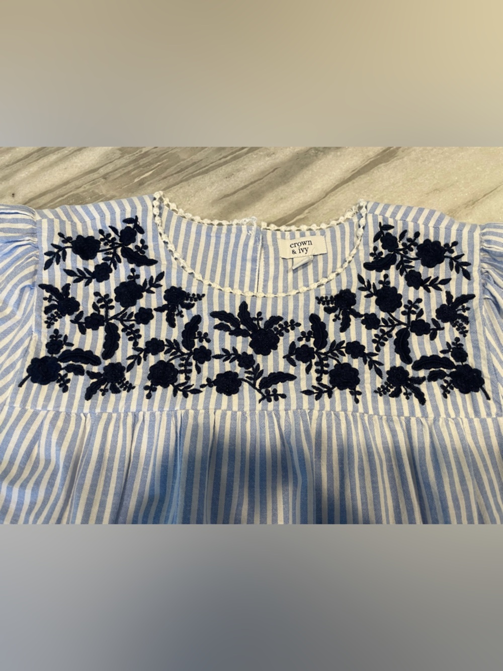 Blue & White Striped Tiered Dress with Navy Embroidery - Picture 3 of 7